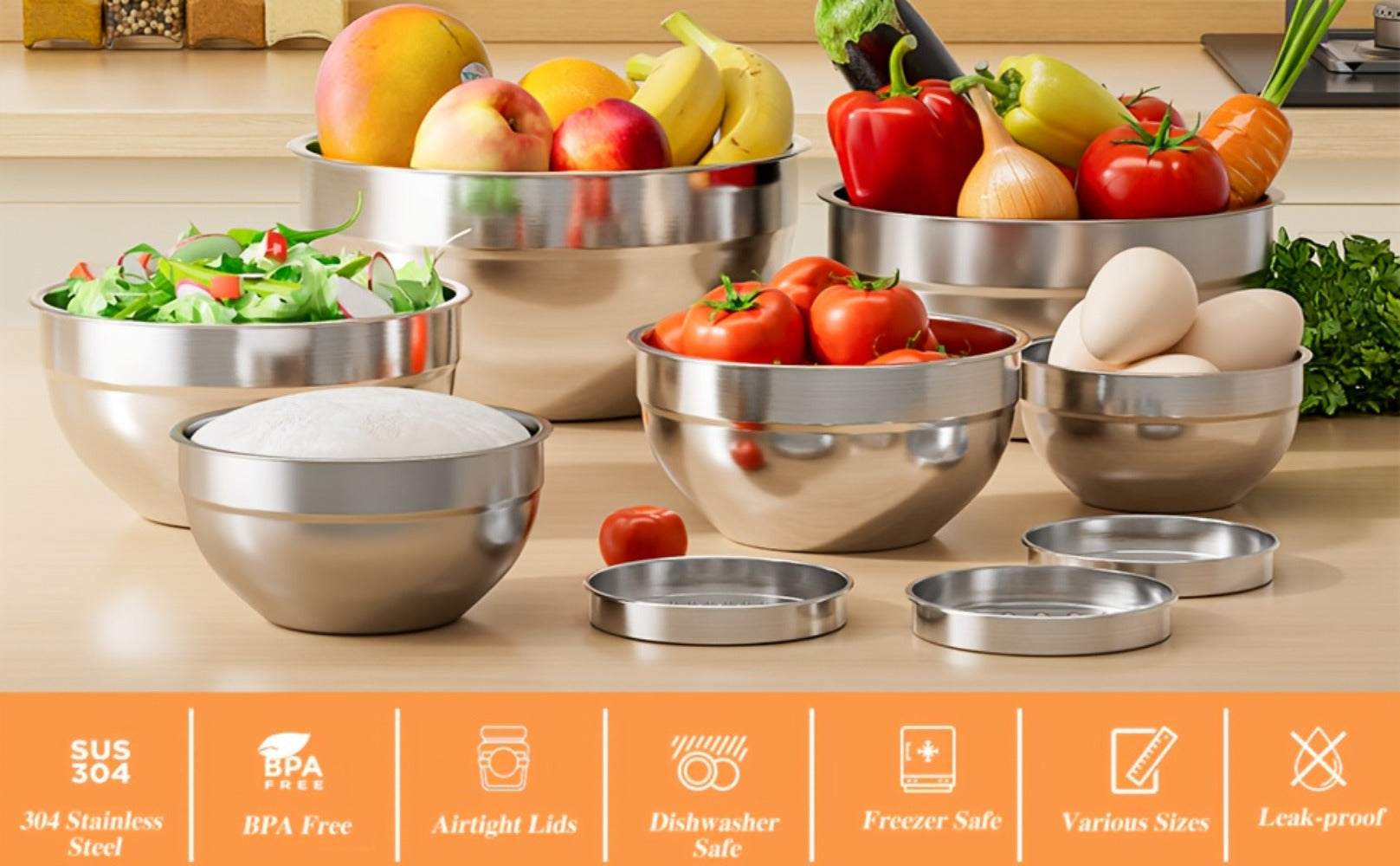 Stainless Steel Mixing Bowls with Airtight Lids Set of 14 Seven Nesting Bowls 0.7 to 4.5QT for Mixing Serving Salad Food Prep Kitchen Storage