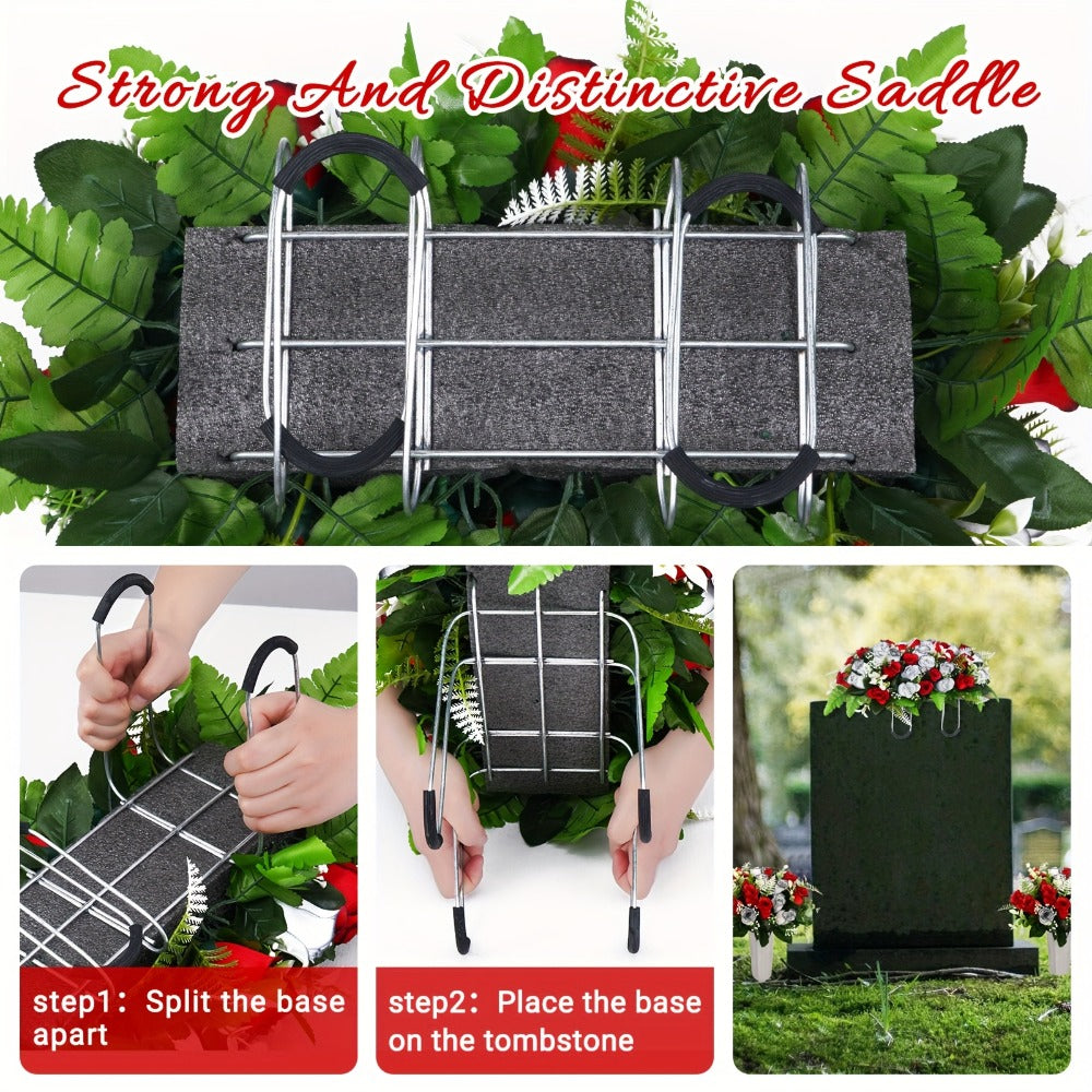 Artificial Cemetery Flowers for Grave with Saddle, Silk Rose Bouquet Headstone Decoration, Memorial Day Grave Flowers, Outdoor Grave Marker Floral Arrangement, 1/2/3 PCS