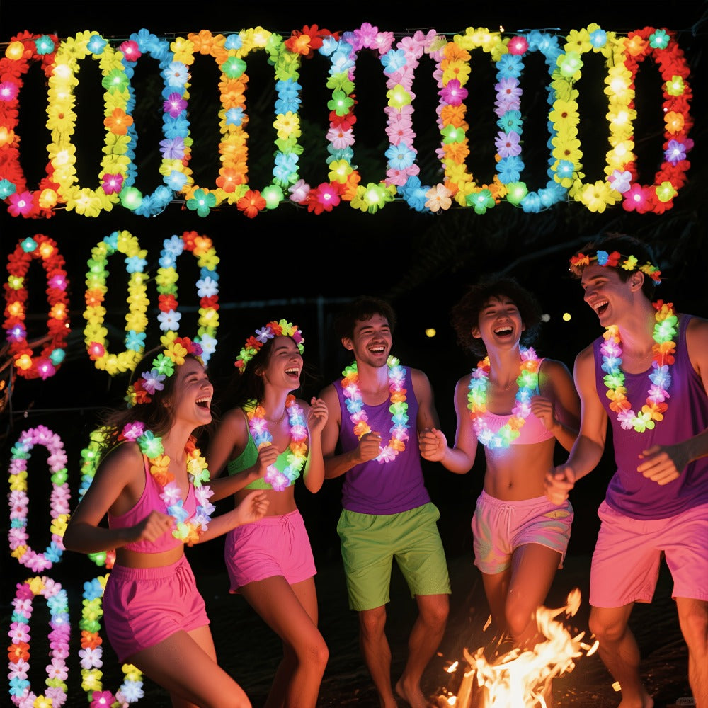 Light Up Hawaiian Lei Necklace 26pcs LED Flower Leis Glow Necklaces for Luau Party Beach Party Tropical Costume Accessories