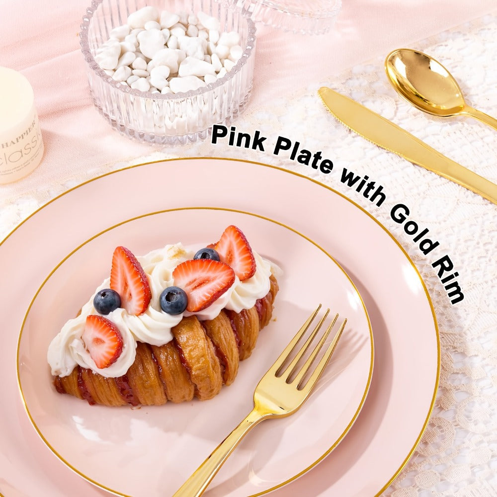 Disposable Plastic Plates Set 50 Piece - Pink Gold Rim Party Tableware with Dinner Plates, Dessert Plates & Utensils for Birthday Wedding Holiday
