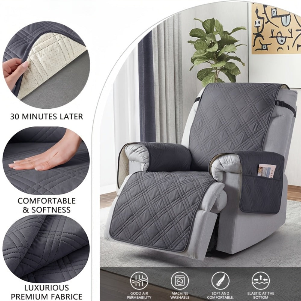 Recliner Cover Quilted with Side Pocket - Anti-Slip Elastic Band Pet Friendly Sofa Chair Protective Slipcover Easy Install for Living Room Home Decor, 6 Colors