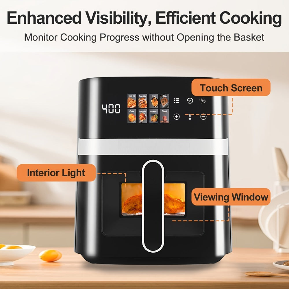 Air Fryer 6QT Multi Function LED Digital Touchscreen Visible Window Oil Free Non-Stick Basket Warm Broil Toast Bake Air Fry Easy Clean Countertop Healthy Cooking Black