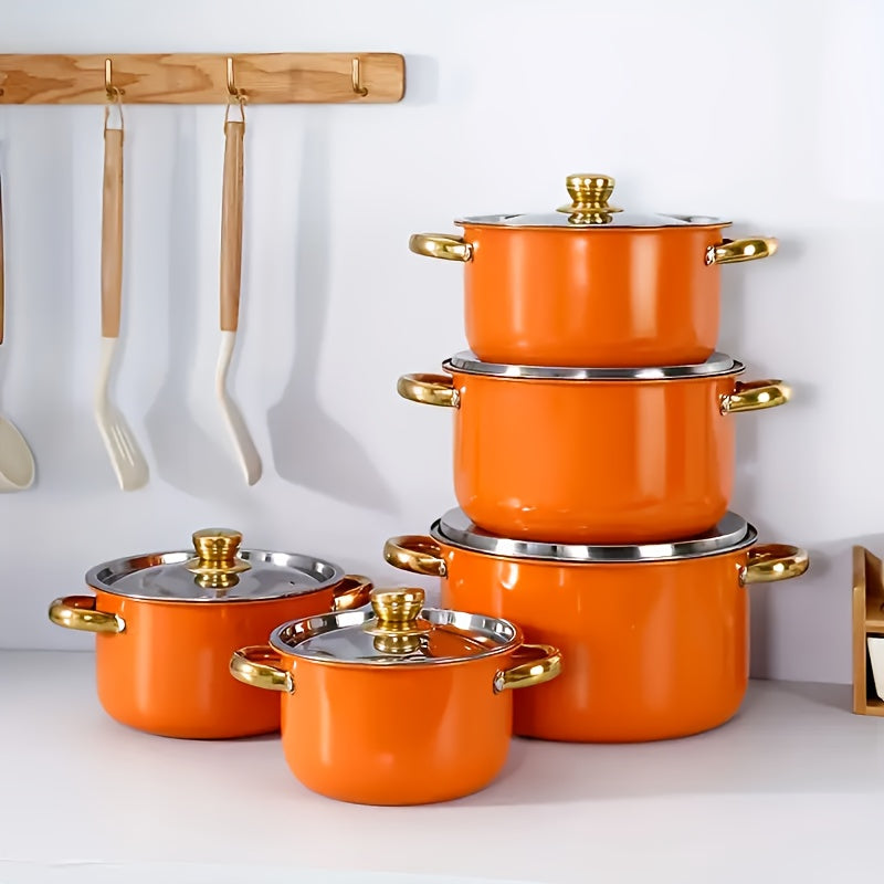 304 Stainless Steel Cookware Set with Golden Handles, 1/10/15pcs Deep Thick Soup Pot & Pan Set for Induction & Gas Stoves, Outdoor Camping & Kitchen Cooking, Pink, Silver & Orange