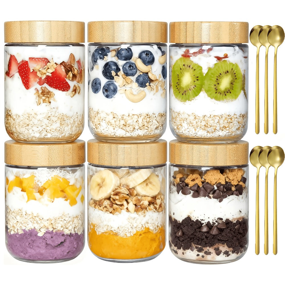 Glass Jars with Bamboo Lids - Airtight Wide Mouth Mason Jars for Overnight Oats Yogurt Chia Seeds Snacks and Meal Prep, Clear Glass Food Storage Containers for Salad Spice and Sugar, Available in 4 Pack 16oz or 6 Pack with Spoons