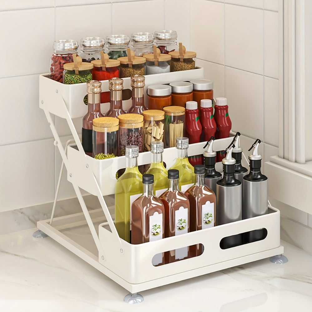 3-Tier Foldable Spice Rack Organizer with Safety Rails - Space-Saving Countertop & Cabinet Storage for Kitchen Pantry, Durable Metal Finish, Sturdy Construction