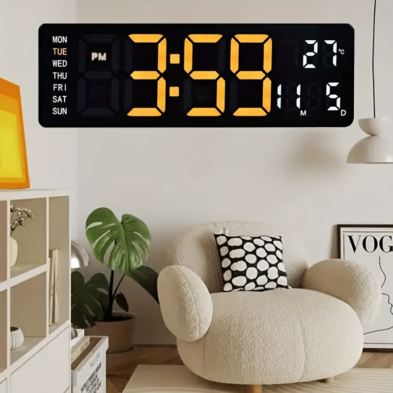 Large Digital Wall Clock 16 Inch LED Color Display, Smart Auto-Dimming 10-Level Brightness, Time Temperature Humidity Monitor, Dual Alarm with Snooze, USB Powered with Remote Control for Living Room Office Bedroom