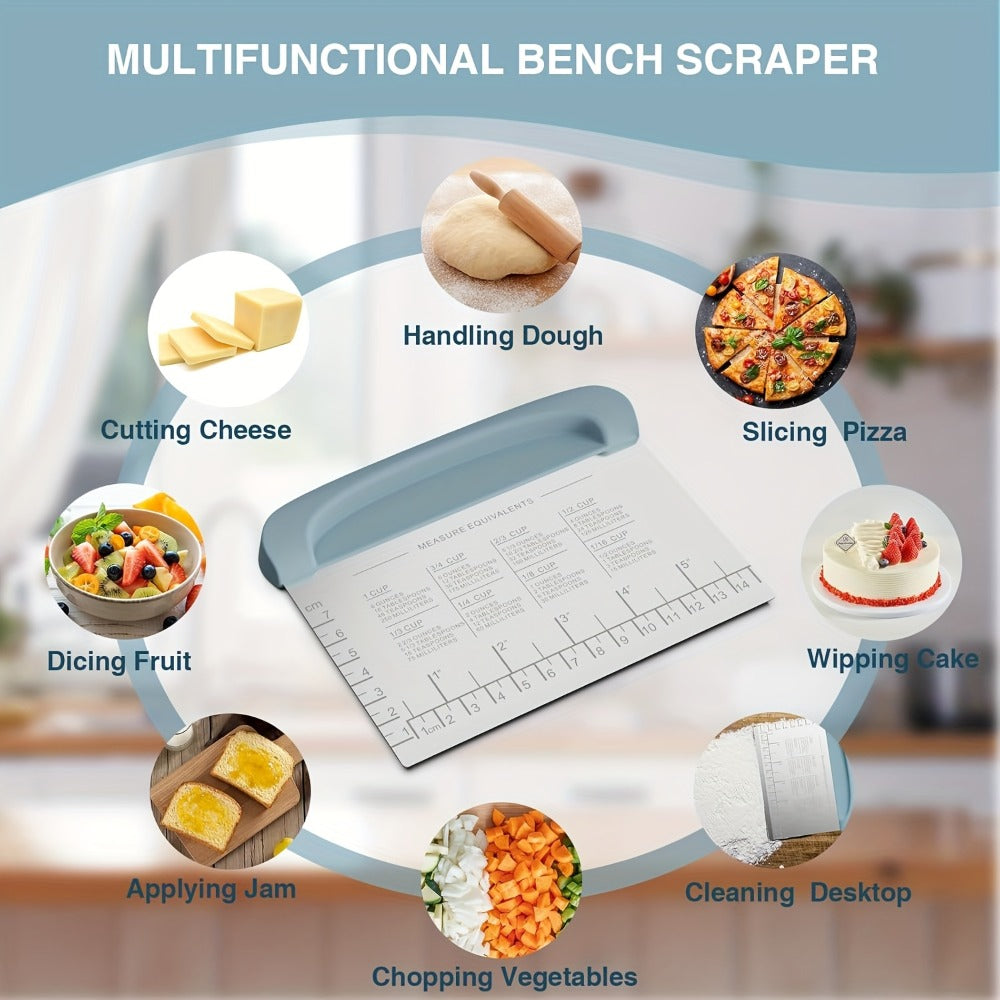 Dough Scraper Bench Scraper - Stainless Steel Dough Cutter with Silicone Handle & Measuring Scale, Multipurpose Pastry Scraper Pizza Spatula Baking Tool, Kitchen Gadget Gift, Blue Grey
