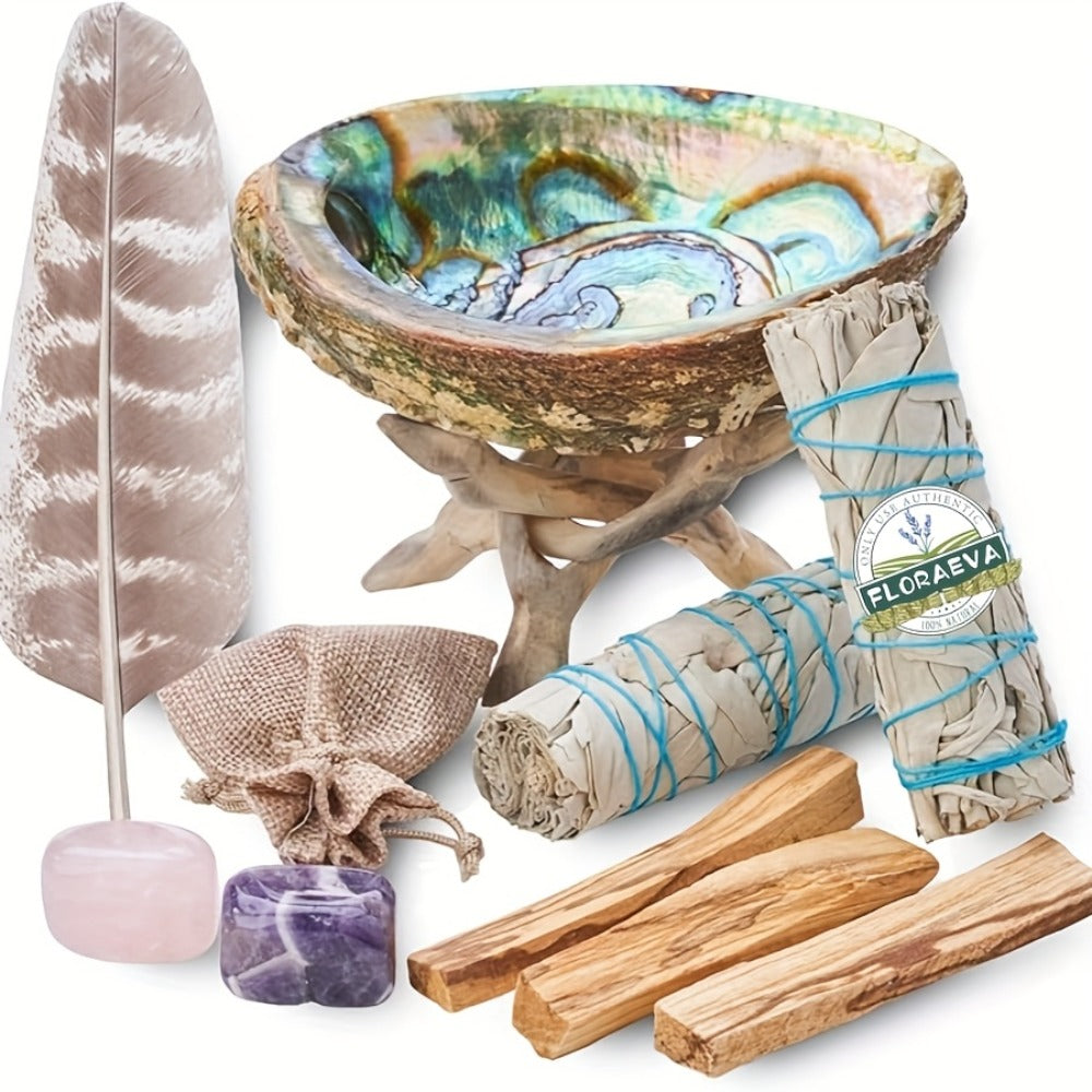 White Sage Cleansing Kit Smudge Set with Abalone Shell Holy Wood Incense Feathers Crystal Stone - Sage Sticks for Protection Positive Energy Home Office Decor Holiday Gift
