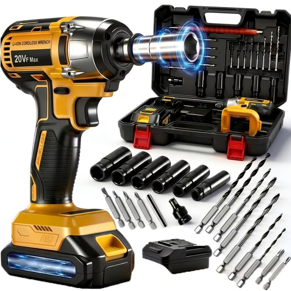 Cordless Impact Wrench 1/2 Inch Brushless ¨C 450N.m 259Ft-lbs High Torque Impact Gun, 3300RPM Variable Speed, 12 Sockets, Fast Charger & Dual Battery Options for Auto Repair & Home Use