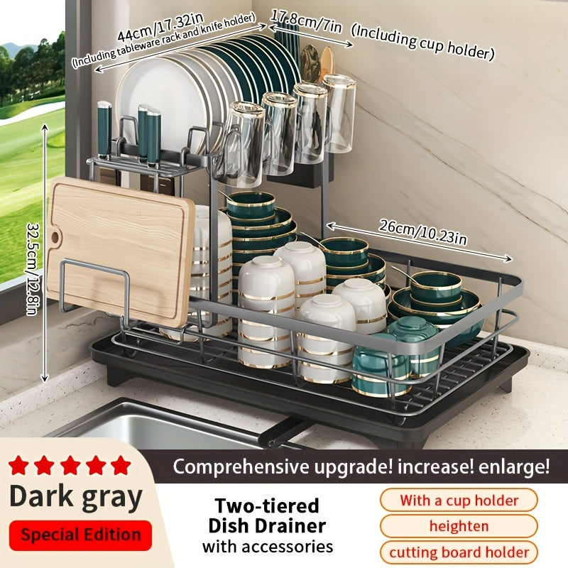 2-Tier Metal Dish Drying Rack with Cutlery Holder Cup Holder & Rust-Proof Drip Tray ¨C Space Saving Countertop Kitchen Organizer