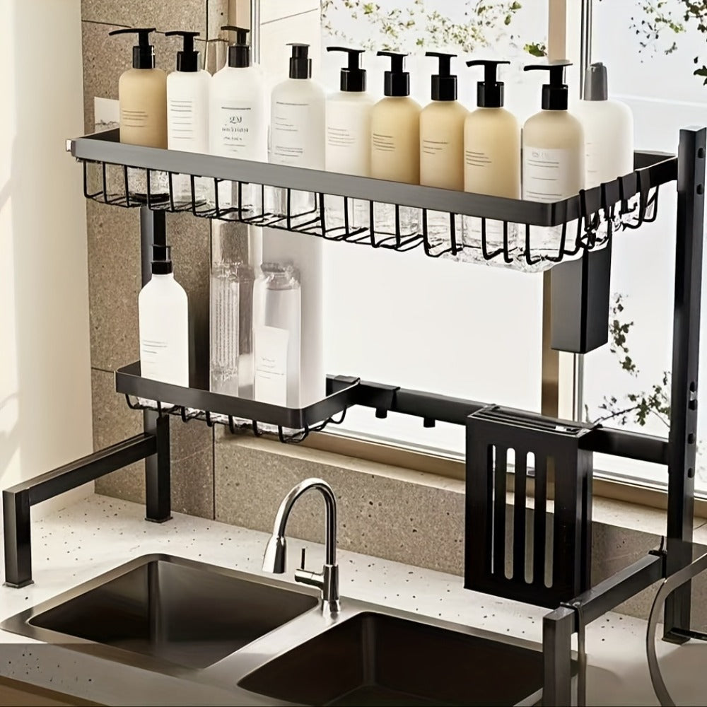 Over-the-Sink Dish Drying Rack Expandable 2-Tier 304 Stainless Steel Adjustable 30-34 Inch with Utensil Holder Knife Holder Cutting Board Holder and 5 Hooks for Kitchen