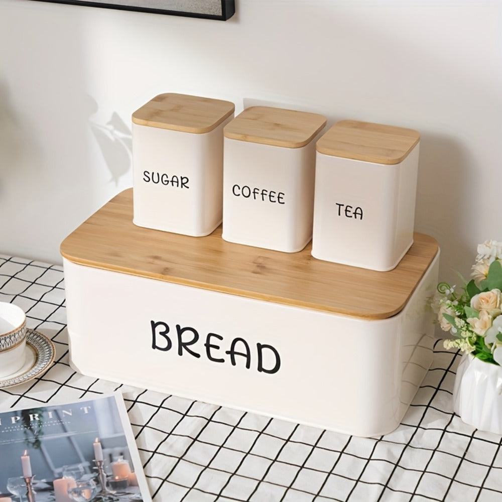Bread Box with 3 Jars Set for Kitchen Countertop ¨C Metal Bread Box with Bamboo Board Cover, Coffee Sugar Tea Canisters, Large Capacity Farmhouse Food Storage Organizer