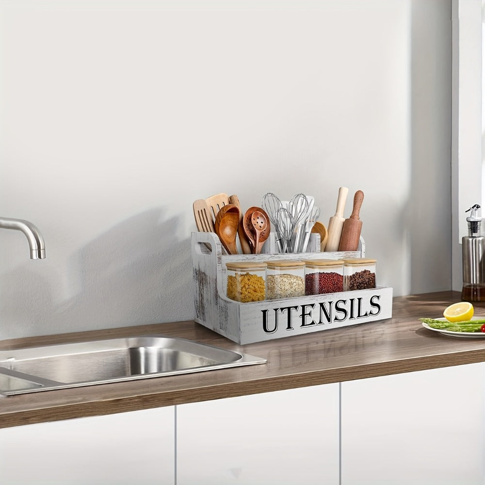 Kitchen Utensil Organizer Extra Large 4 Compartments Wooden Countertop Crock Farmhouse Rustic Cooking Utensil Holder for Kitchen in White and Black