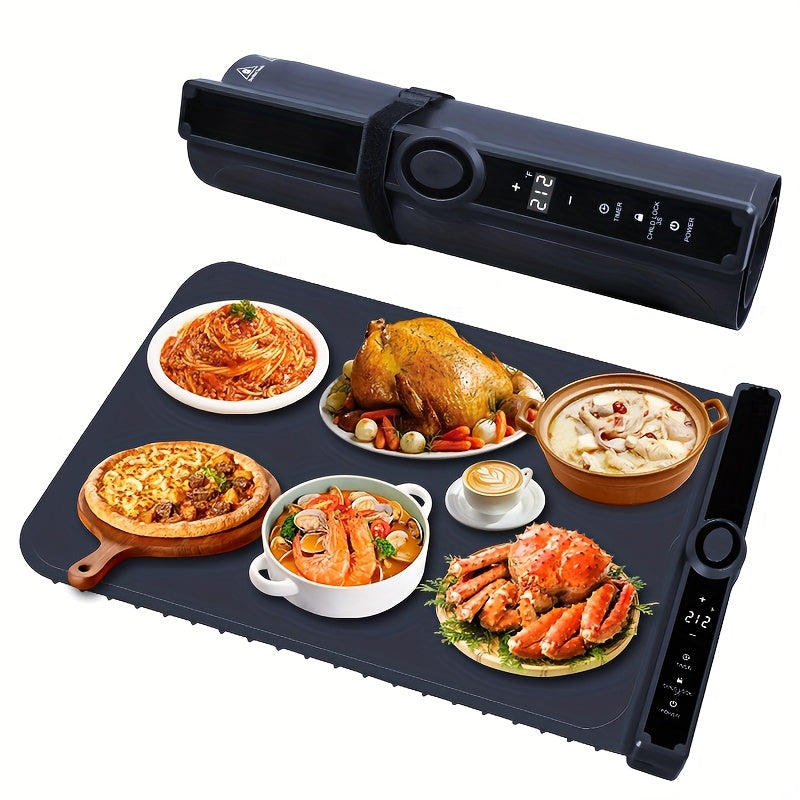 Electric Food Warming Pad Silicone 3 Temperature Levels 6-Hour Timer Foldable Full Surface Rapid Heating Tray for Buffet Party Kitchen Countertop Grayish Blue