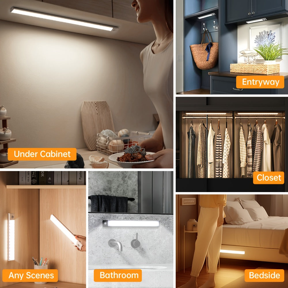 Motion Sensor Cabinet Light LED Under Cabinet Lights USB Rechargeable 3 Color Dimmable with Remote Control Magnetic Wireless Night Light for Kitchen Closet Wardrobe Cupboard Stairs Shelf 2 Pack