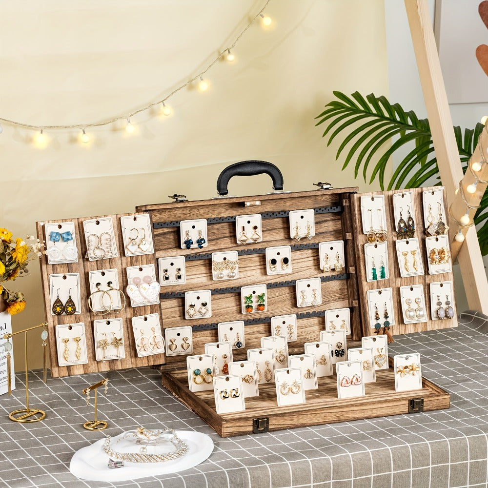 Wooden Jewelry Display Case with Lock & Buckle Closure ¨C Vintage Tabletop Organizer Box for Earrings, Bracelets & Necklaces, Large Capacity Earring Card Holder, Burnt Wood