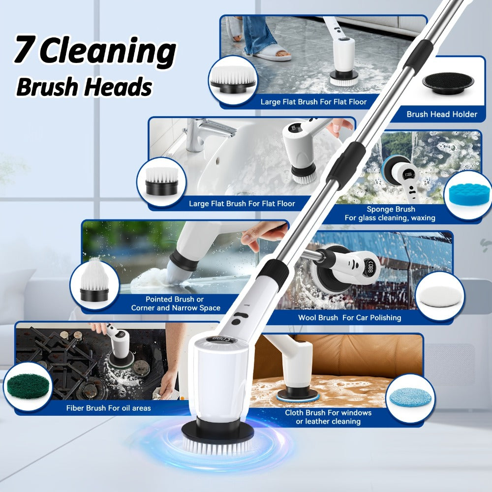 Electric Spin Scrubber 7-in-1 Cordless Rotary Cleaning Brush 7 Interchangeable Heads 3 Speed Settings Adjustable Extension Arm Power Display for Bathroom Shower Tile Grout Kitchen