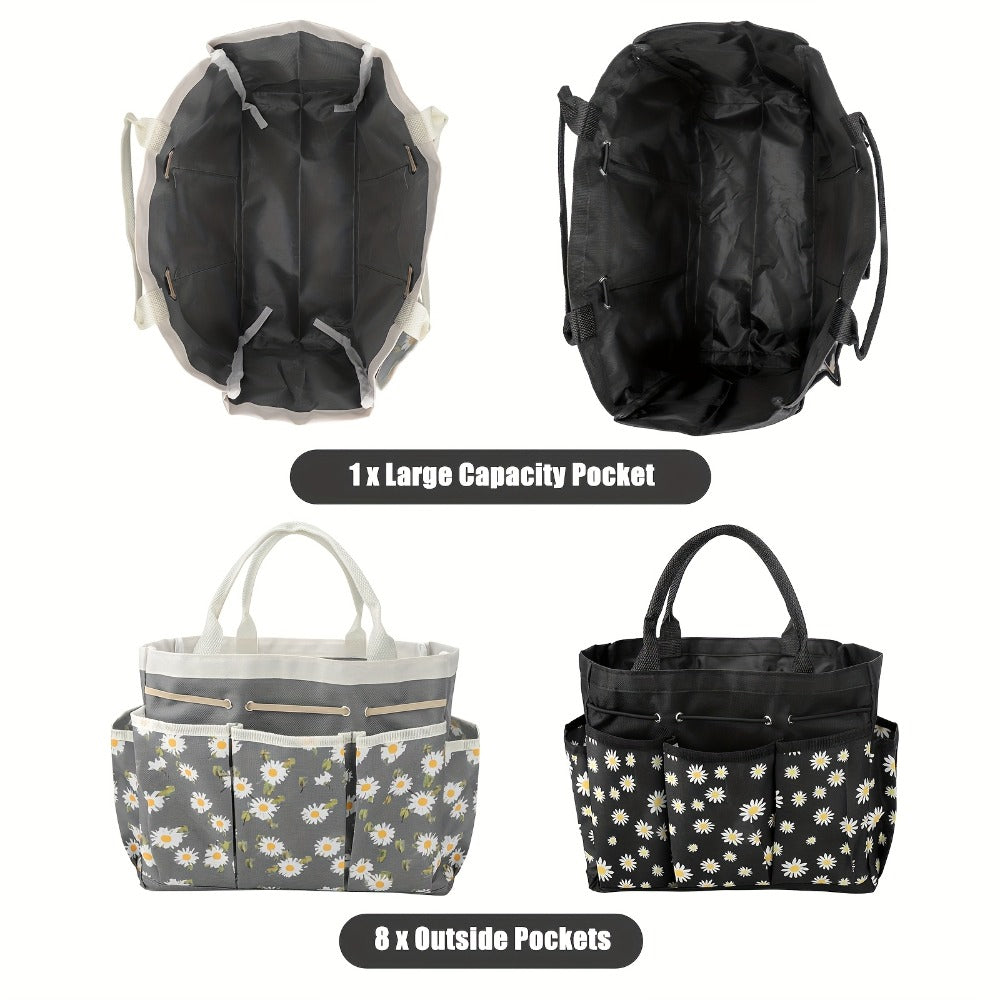 Garden Tool Bag Heavy Duty Multi-Pocket Organizer ¨C Large Capacity Tool Storage Carrier Tote for Gardening, Lawn Care, Camping & Outdoor Work, Portable Daisy Pattern, Black & Gray (No Tools Included)