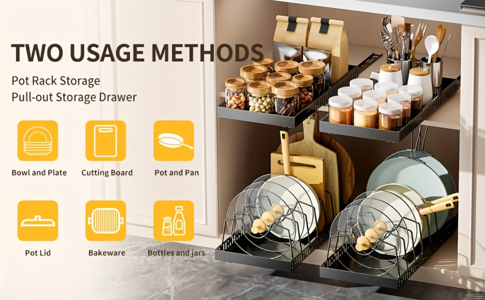 Pull Out Pot and Pan Organizer for Cabinet - Sliding Lid Rack with 8 Adjustable Dividers for Kitchen Cabinet Storage, Drill-Free Installation Pan Holder for Lids Baking Sheets and Cookware, Available in 1 or 2 Pack in Black or White