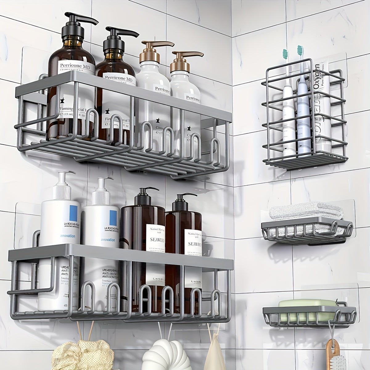 Shower Caddy Organizer 5 Pack Adhesive Rustproof Stainless Steel Shower Shelves with Soap Holder No Drilling Bathroom Storage Rack for Shower Wall Renters Apartment Kitchen Multiple Colors