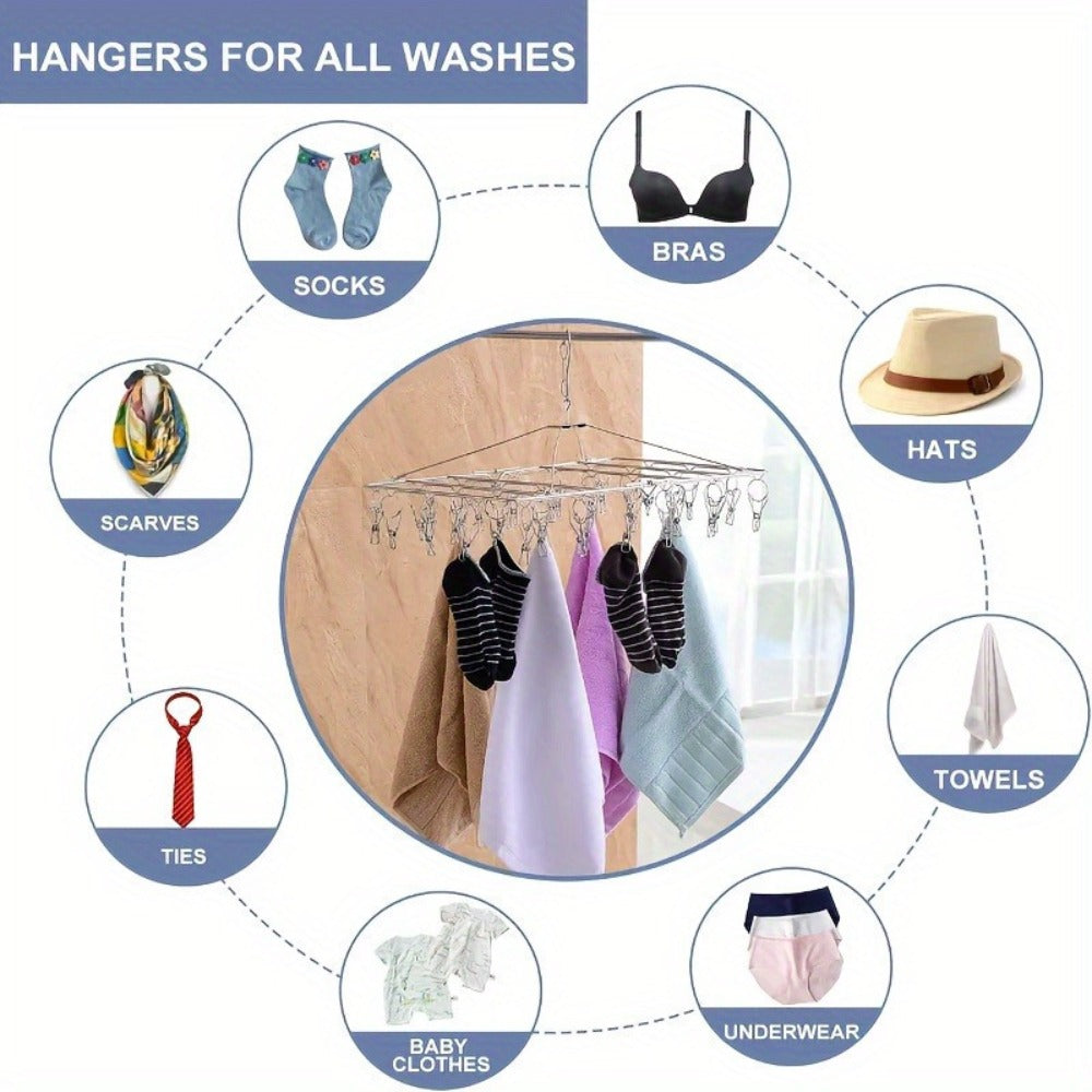 Clothes Drying Rack with Clips Stainless Steel Laundry Hanger Windproof Skidproof Multi-Clip Sock Underwear Dryer for Home Bedroom Balcony ¨C 30/40/50 Clips