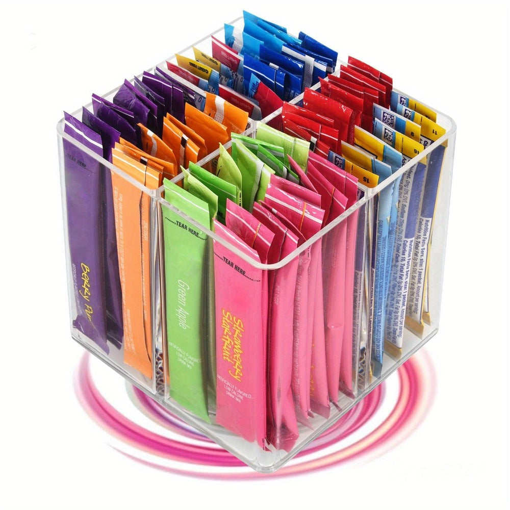 Rotating Countertop Organizer Rack for Drink Mixes, Powder Packets & Beverage Pouches - Square Lazy Susan Storage