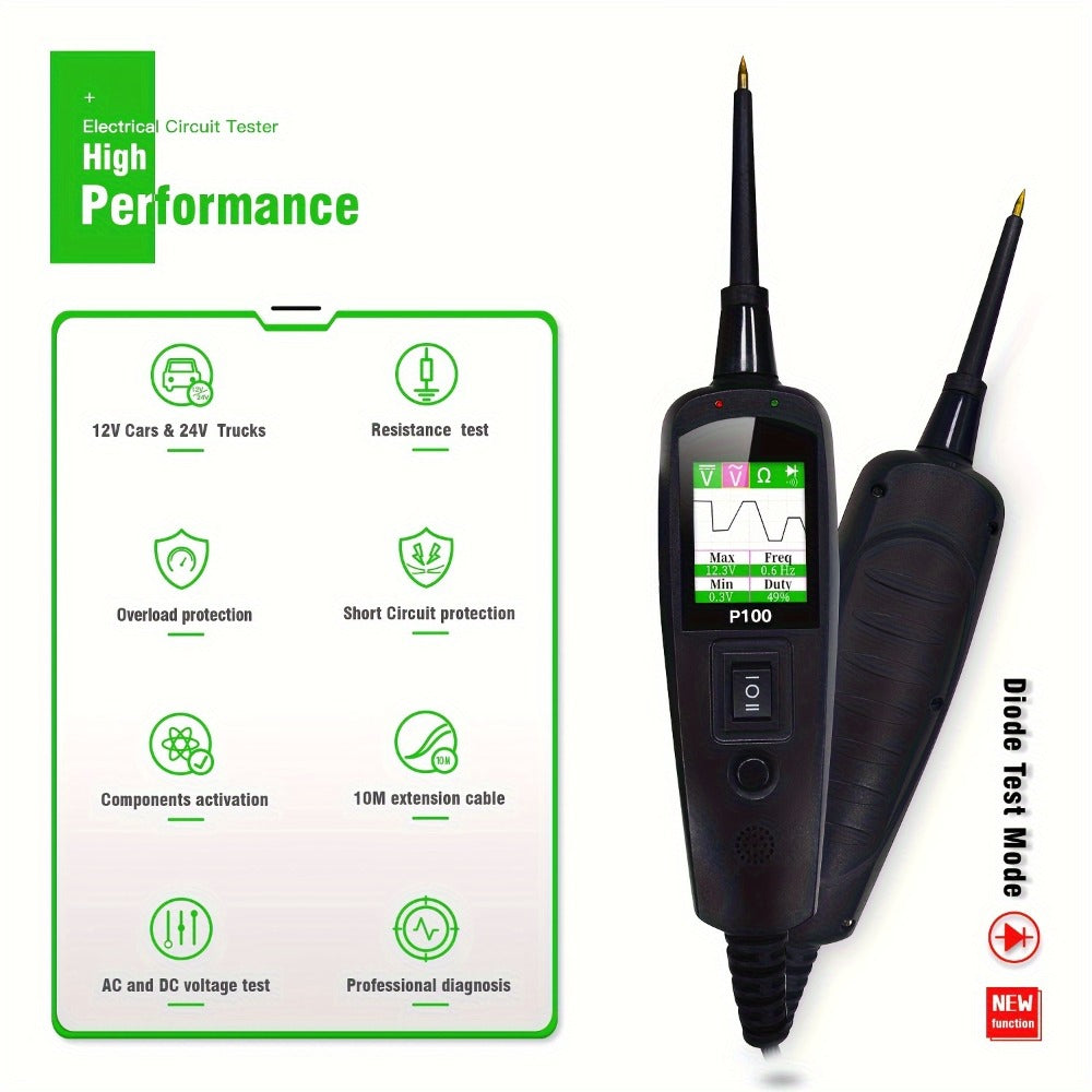 Circuit Tester Probe Kit Topdiag P100 AC DC Voltage Tester 12V 24V Car Diagnostic Tool Electrical Test Light with 6.56ft Cable Continuity Resistance Short Circuit Finder for Automotive Truck Trailer