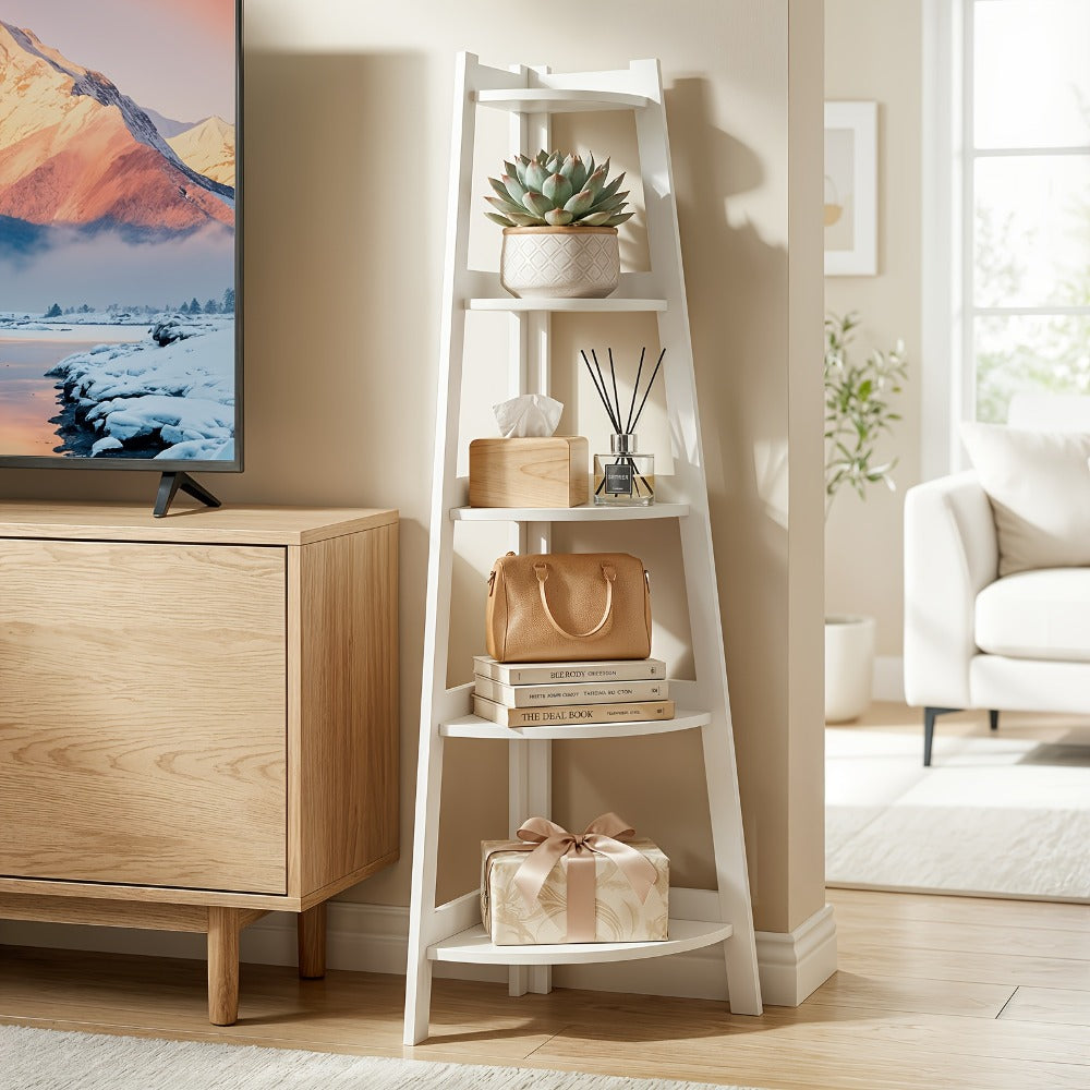 Corner Shelf 5-Tier Scandinavian Storage Cabinet ¨C Space-Saving Vertical Organizer with Baskets, Shelves & Drawer, Modern Plastic Corner Rack for Home, Study, Balcony & Bathroom (White)