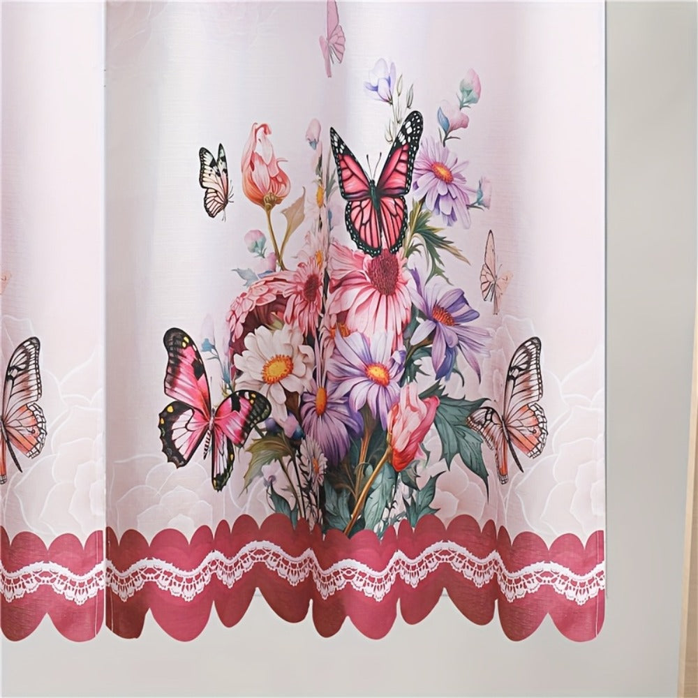 Blackout Kitchen Curtains 3-Piece Set with Butterfly Floral Print - Rod Pocket Window Curtains for Kitchen, Living Room, Bedroom, Bathroom & Restaurant, Polyester Fabric, Machine Washable