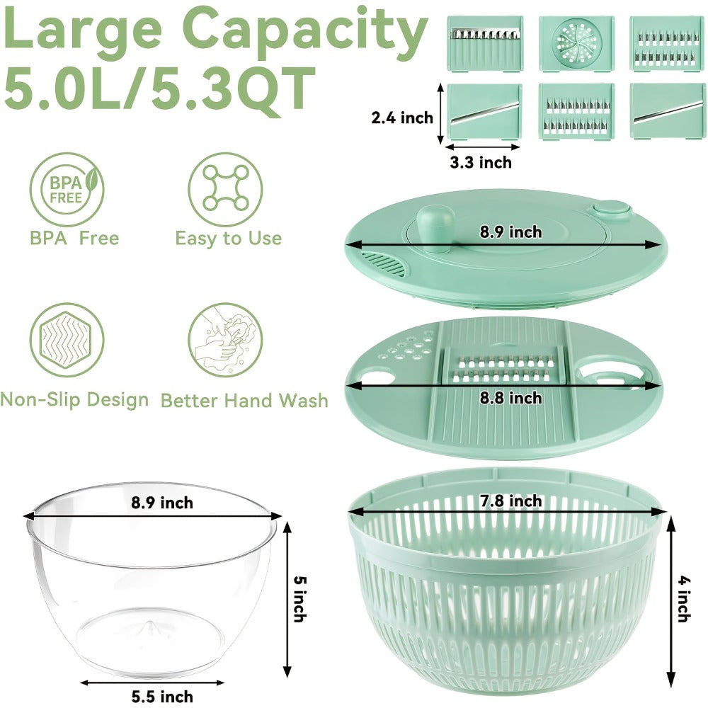 Salad Spinner Large 3-in-1 with 5-Blade Slicer & Egg Yolk Strainer ¨C 5.3 Qt Vegetable Washing Bowl & Lettuce Spinner for Efficient Salad Prep ¨C BPA-Free Kitchen Tool for Fruits, Greens & Meal Prep