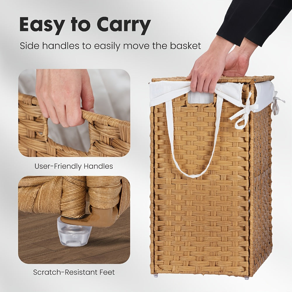 Laundry Basket with Lid - Large Foldable Rattan Hamper with Removable Washable Liner, Sturdy Steel Frame, for Bathroom Bedroom, Goose Yellow or Dove Gray