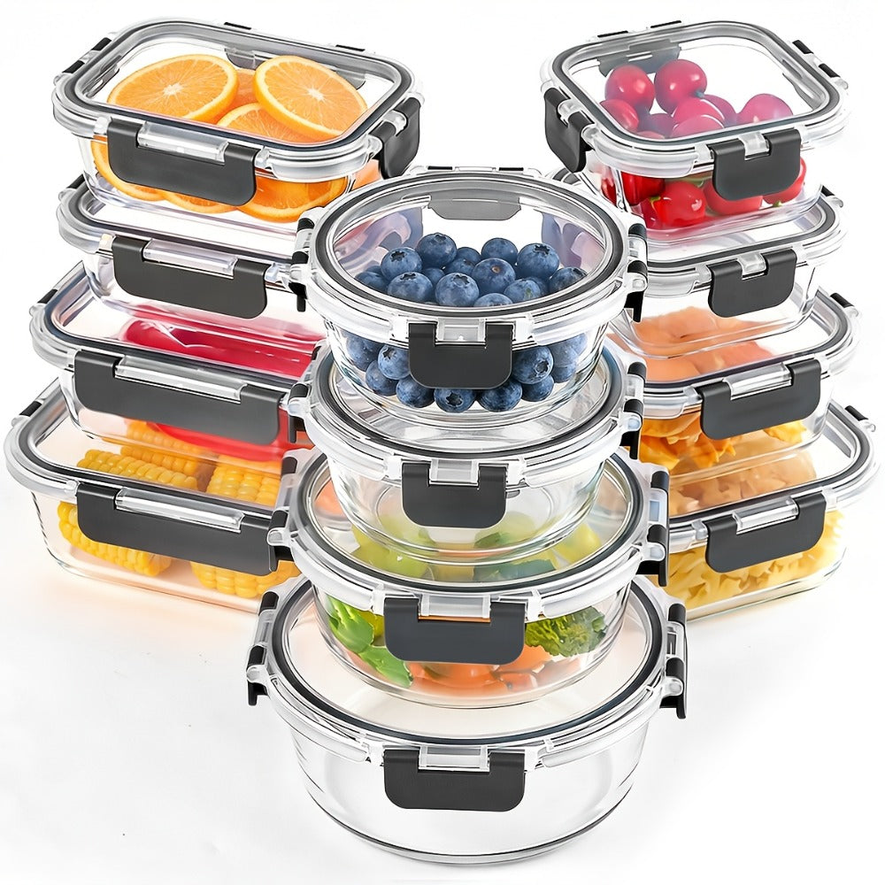Glass Food Storage Containers with Lids Set of 12, Airtight Leak-Proof Meal Prep Containers, Microwave Oven Freezer Dishwasher Safe Bento Boxes for Pantry Kitchen Organization