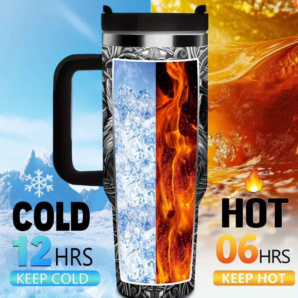 40oz Viking Tumbler with Handle - Wolf Raven Norse Mythology Celtic Knot Stainless Steel Insulated Travel Mug, Viking Gift for Men Women, Coffee Mug for Viking Lovers, Norse Mythology Gift