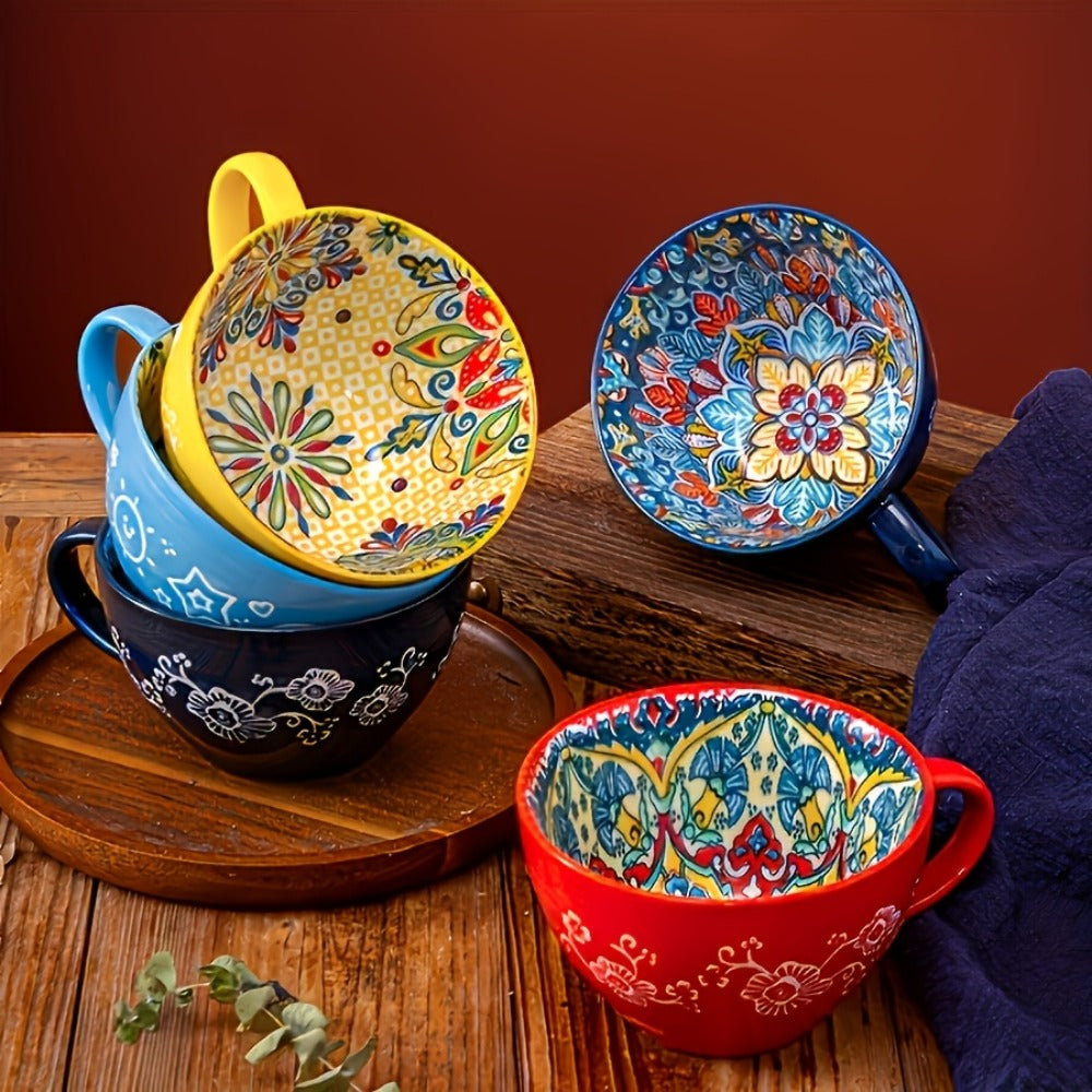Bohemian Ceramic Coffee Mugs Set of 6 ¨C 15 Oz Large Capacity Breakfast Mug ¨C Microwave Safe for Hot & Cold Drinks ¨C Unique Boho Drinkware Gift for Halloween, Thanksgiving & Christmas