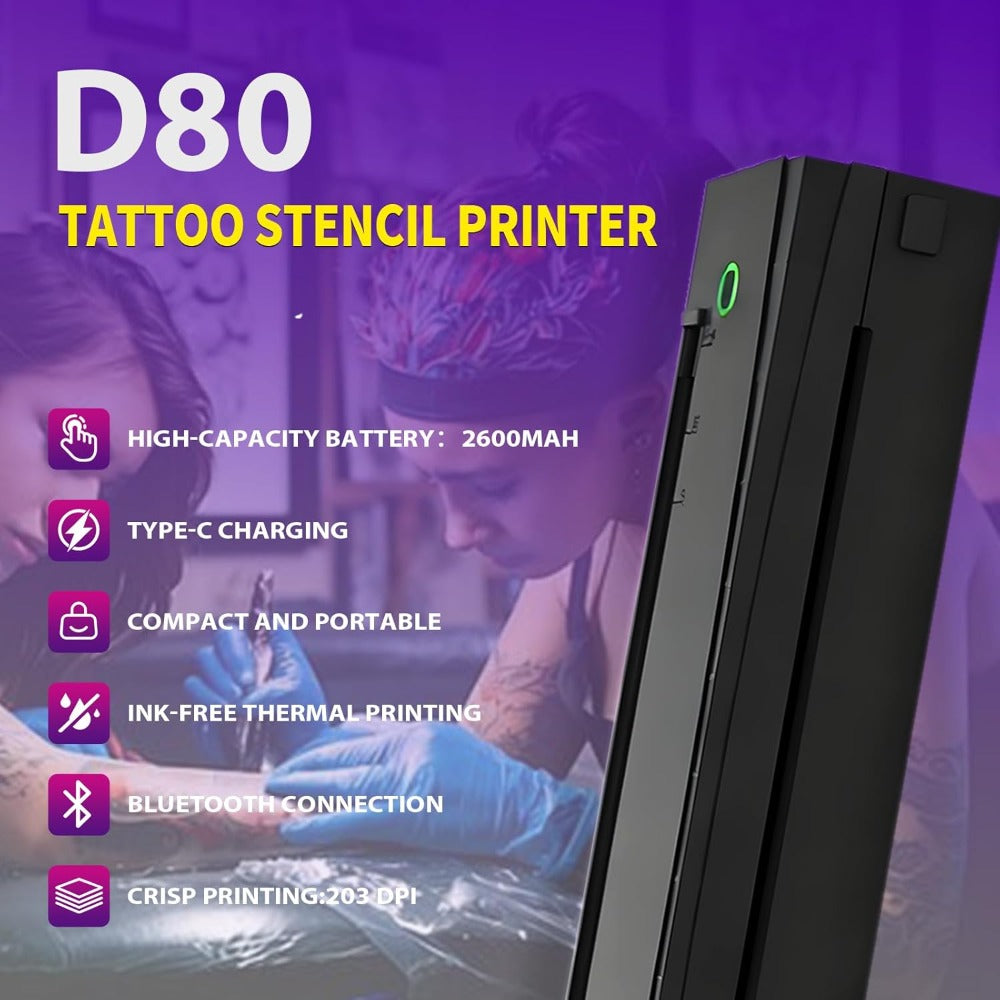 Tattoo Stencil Printer D80 - Wireless Bluetooth Thermal Printer for Tattoo Transfer Paper & A4 Office Printing, Portable Inkless Printer Compatible with iOS Android Laptop Phone Tablet