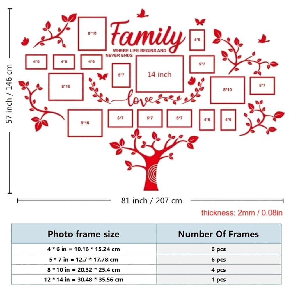 Family Tree Wall Sticker 3D Acrylic Photo Frame Collage ¨C Removable Leaf-Shaped Picture Display with ¡±Family¡± & ¡±Love¡± Text, Peel & Stick Living Room Wall Decor, 81.5 x 57.48 Inches
