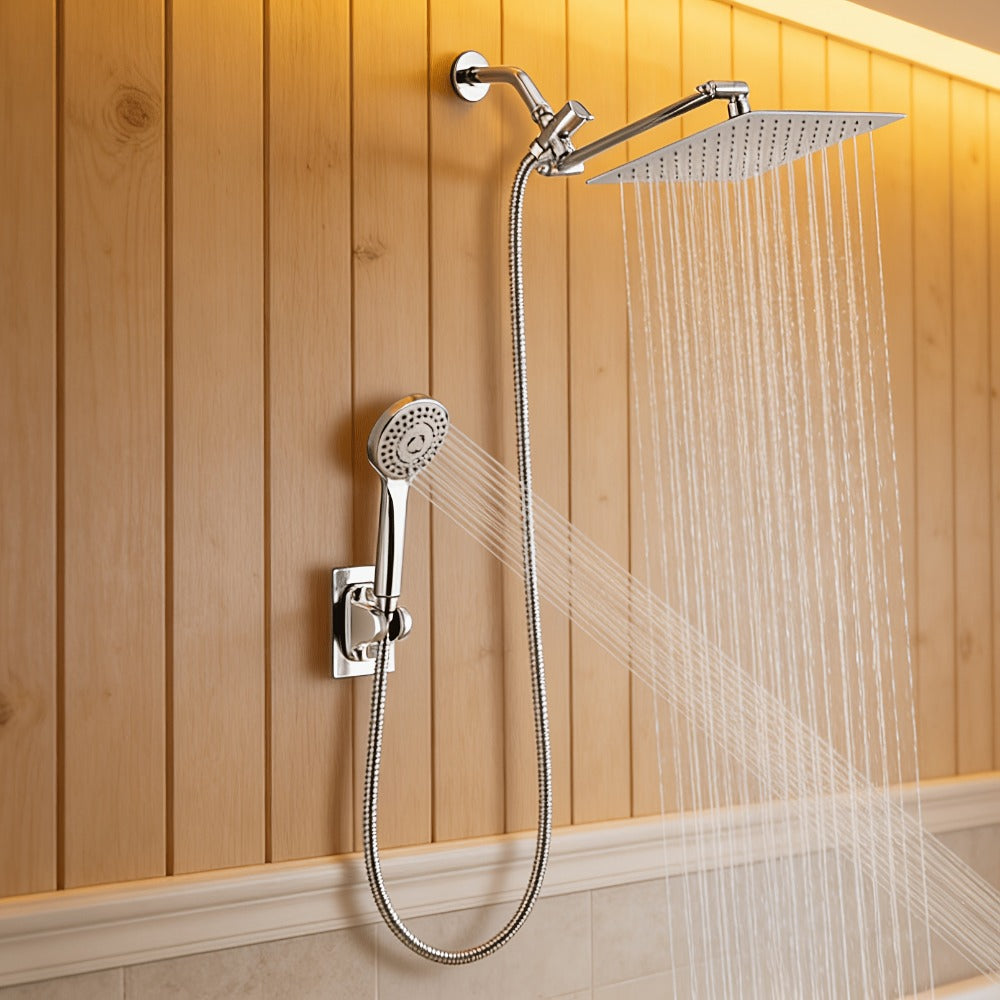 High Pressure Rainfall Shower Head Handheld Combo 4-Spray Modes 10 12 Inch Adjustable Extension Arm 78-Inch Hose Adhesive Holder Wall Mount Chrome Black Bathroom