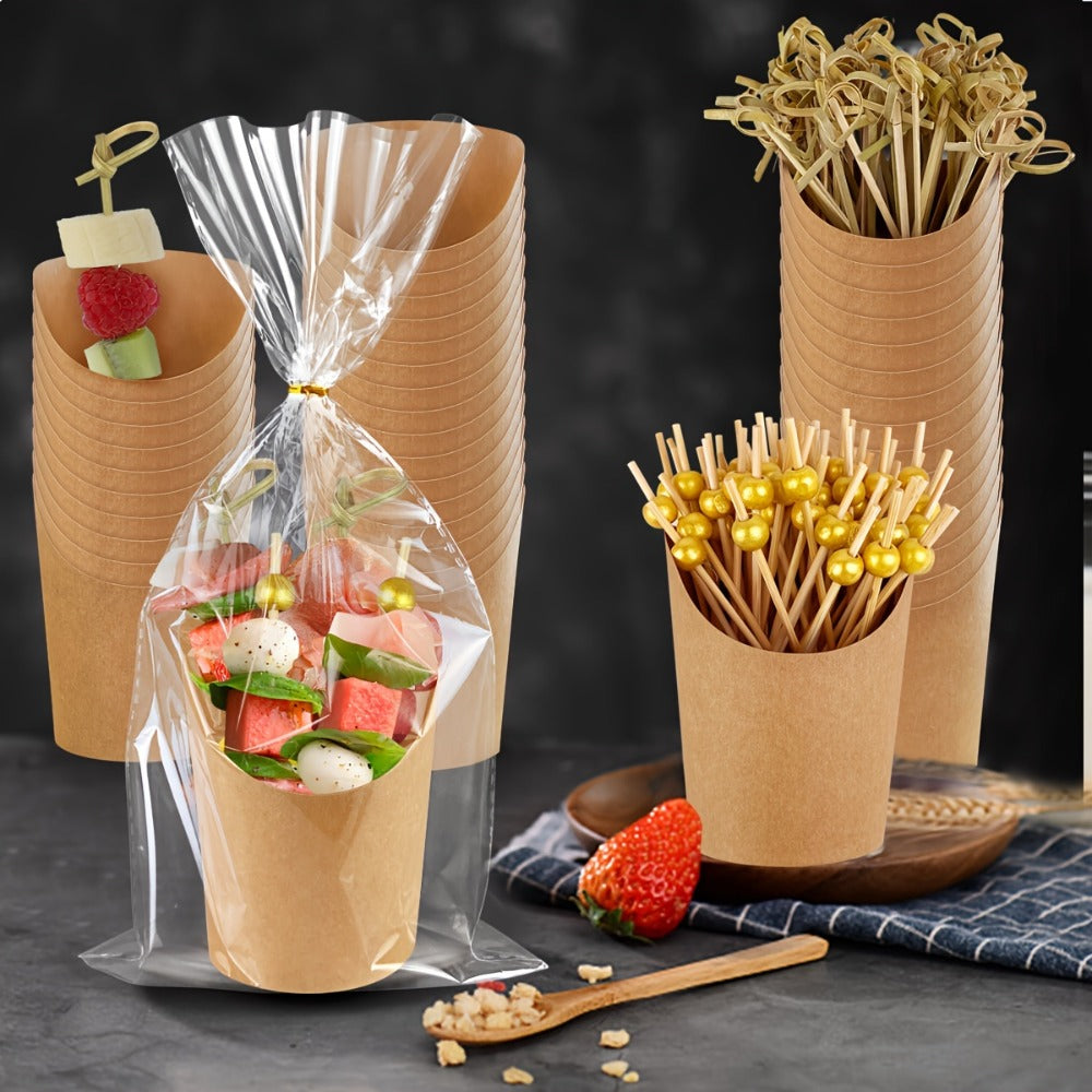 Disposable Charcuterie Cups 8oz with Sticks and Bags - 50 Sets Brown Kraft Paper Snack Cups for Appetizers Party Supplies French Fries Dessert Cups