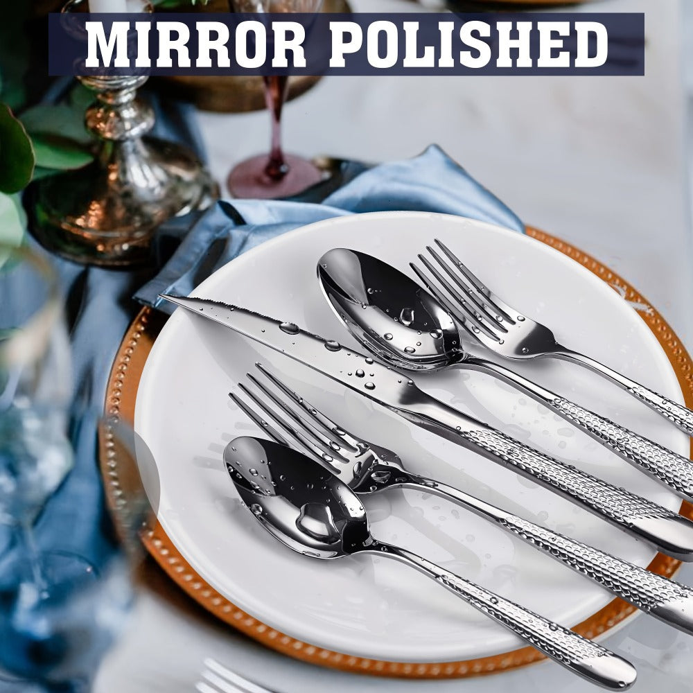 Stainless Steel Flatware Set 40/48 Piece ¨C 304 Silverware Set for 8 Hammered Mirror Polished Rose Gold Cutlery with 2-in-1 Serrated Knife Dishwasher Safe Modern Utensils for Home Restaurant Wedding