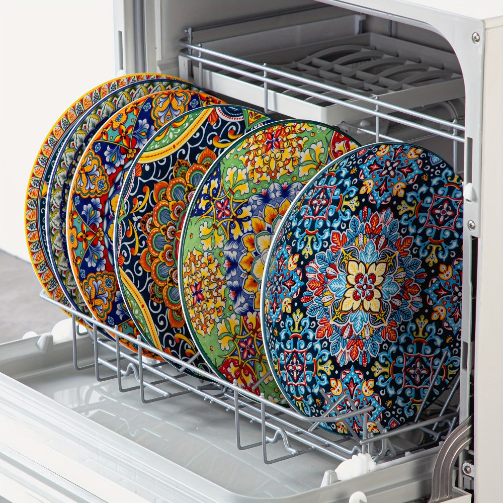 Bohemian Dinner Plates Set of 6 ¨C 10.5 Inch Colorful Stoneware Plate Set Microwave Dishwasher Safe Scratch Resistant Porcelain Dinnerware for Home Restaurant Cafe Boho Kitchen Decor Gift