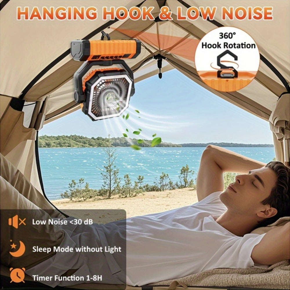 Camping Fan 20000mAh with Built-In LED Light, USB Rechargeable Portable Outdoor Fan with Sturdy Handle, Rugged Compact Design for Tent, Hiking, Fishing, Backpacking and Emergency Power Outage