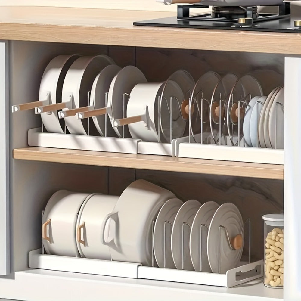 Pots and Pans Organizer Rack Adjustable Expandable - Metal Bakeware Organizer with Dividers, Pot Lid Holder for Under Cabinet & Kitchen Cabinet Storage, Holds Pots, Pans, Lids & Bakeware, White