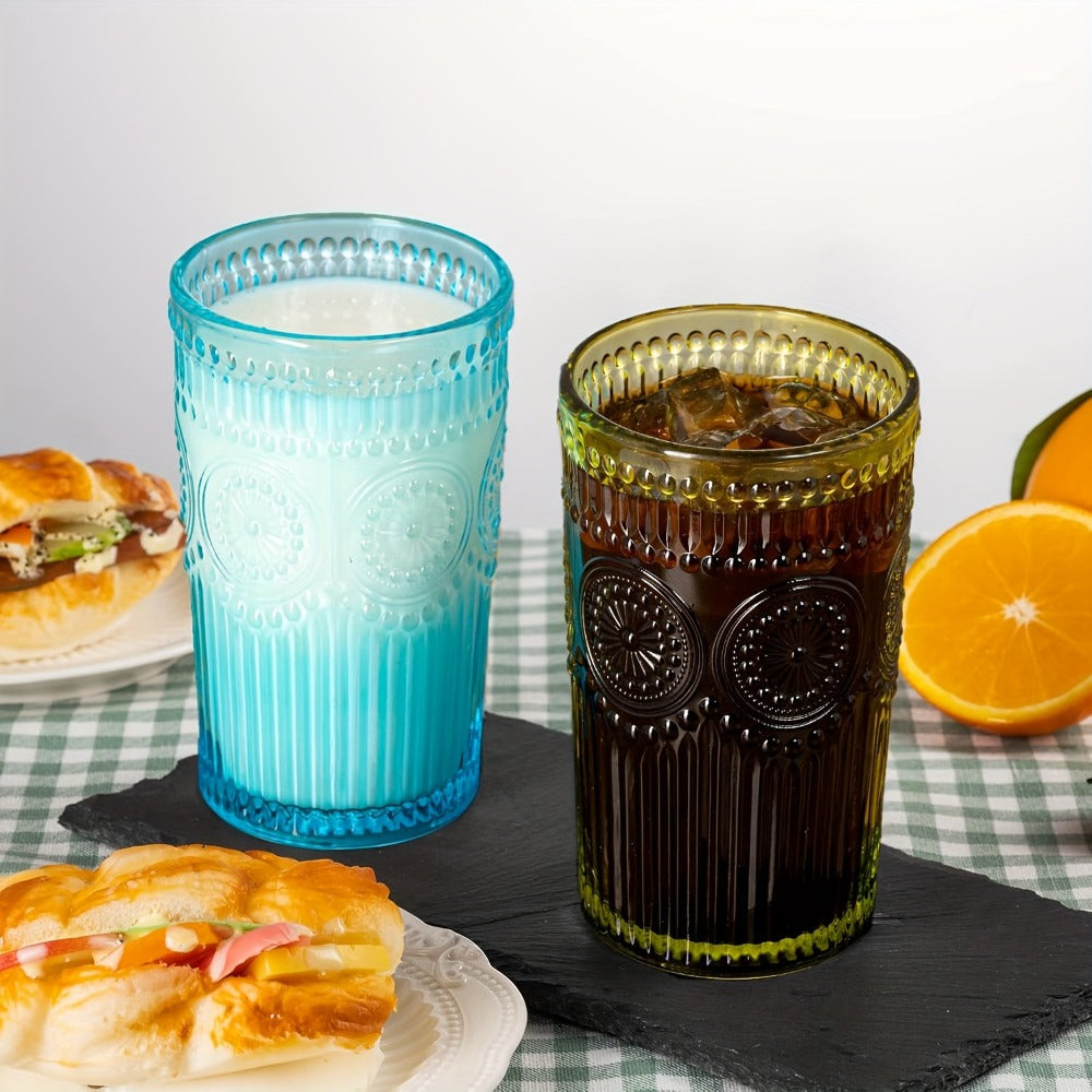 Vintage Drinking Glasses Set of 6 Colored Tumblers 14 oz ¨C Embossed Geometric Pattern, 6 Muted Colors, for Water, Juice, Beer, Cocktails, Whiskey & Milk ¨C Retro Barware Gift Set