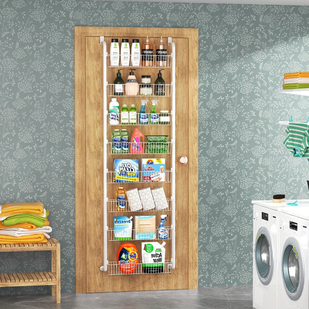Over The Door Organizer - Heavy Duty Multi-Layer Pantry Storage Rack for Kitchen Bathroom Laundry Room, Space Saving Door Hanging Shelf, 6 or 8 Tier Metal Spice Food Storage Cabinet