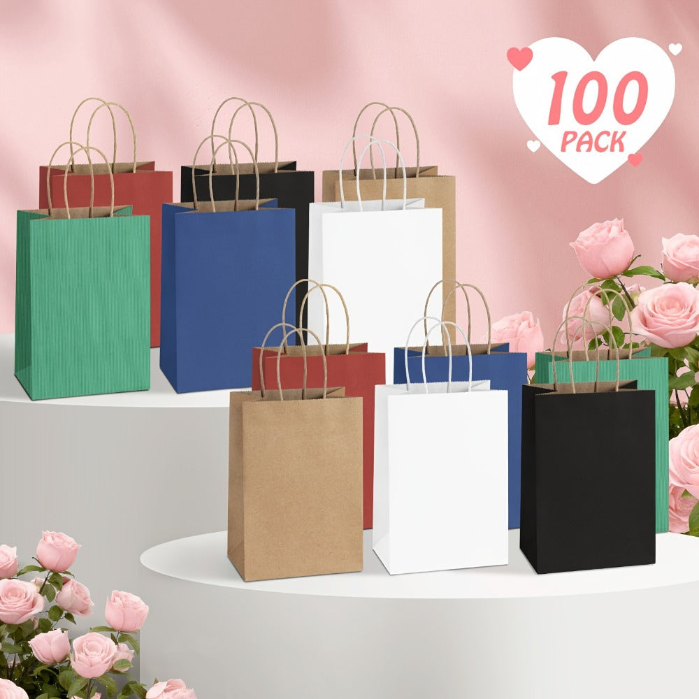 Kraft Paper Gift Bags 100 Pack with Handles | 4.25x2.85x7.85 Inch Small Shopping Bags for Retail, Wedding, Birthday, Party Favor, Coffee, Boutique | Brown, Black, White | Bulk Gift Wrap Bags