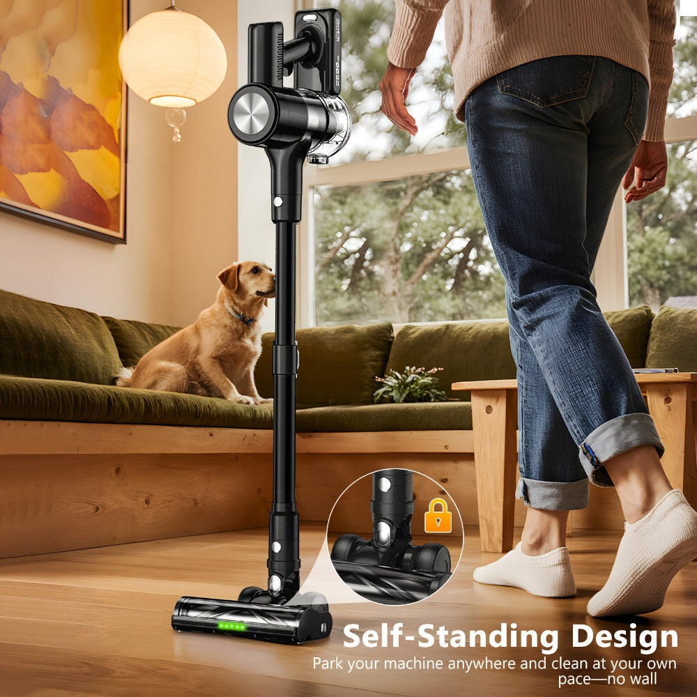 Cordless Stick Vacuum Cleaner 45KPA 8-in-1 Lightweight with Anti-Tangle Brush Green Light Detection for Carpet Pet Hair Hardwood Tile Floor