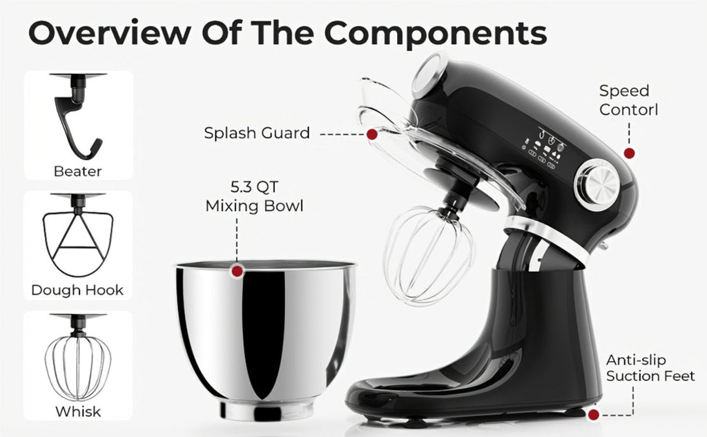 Bowl-Lift Stand Mixer 5.5 Qt 4-in-1 Electric Vertical Mixer 350W 12-Speed with Pulse Stainless Steel Bowl Dough Hook Whisk Mixing Paddle for Cake Bread Dough Black Red