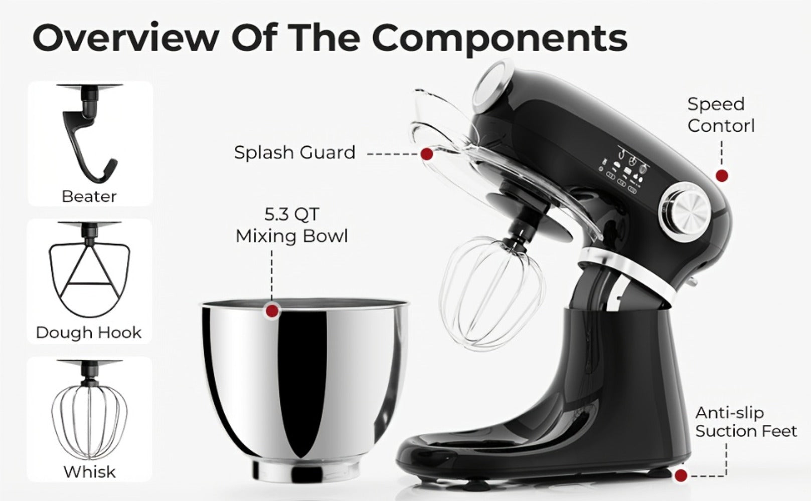 Bowl-Lift Stand Mixer 5.5 Qt 4-in-1 Electric Vertical Mixer 350W 12-Speed with Pulse Stainless Steel Bowl Dough Hook Whisk Mixing Paddle for Cake Bread Dough Black Red