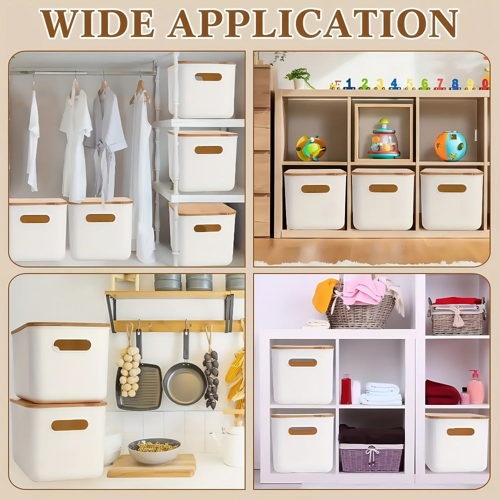 Plastic Storage Bins with Wood Lids Stackable Organizer with Handle and Labels for Home Office Kitchen Bedroom Closet Playroom 1 2 4 8 Pack