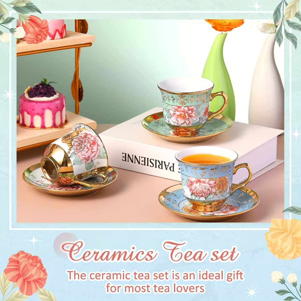 Floral Porcelain Tea Cups and Saucers Set of 12 ¨C 5.4 Oz British Style Tea Party Cups ¨C Classic Elegant Gift for Women ¨C Perfect for Birthday, Mother's Day, Church & Tea Parties